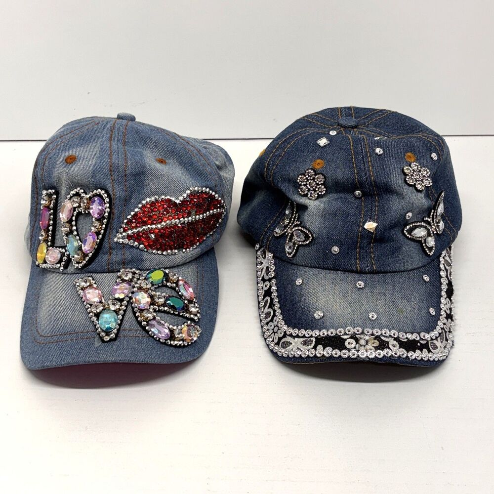 Distressed Denim & Rhinestone LOVE Baseball Cap and Denim & Rhinestone Blue Hat